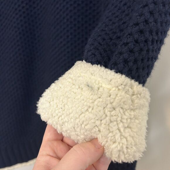 LL Bean Knit Cardigan Shearling Sherpa Lined Navy Blue Hooded Long - Large - Picture 12 of 16